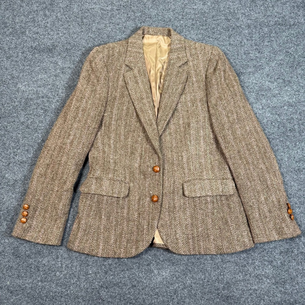 Vintage Harris Tweed Jenss Wool Blazer Brown Herringbone Pink Stripe Size 8